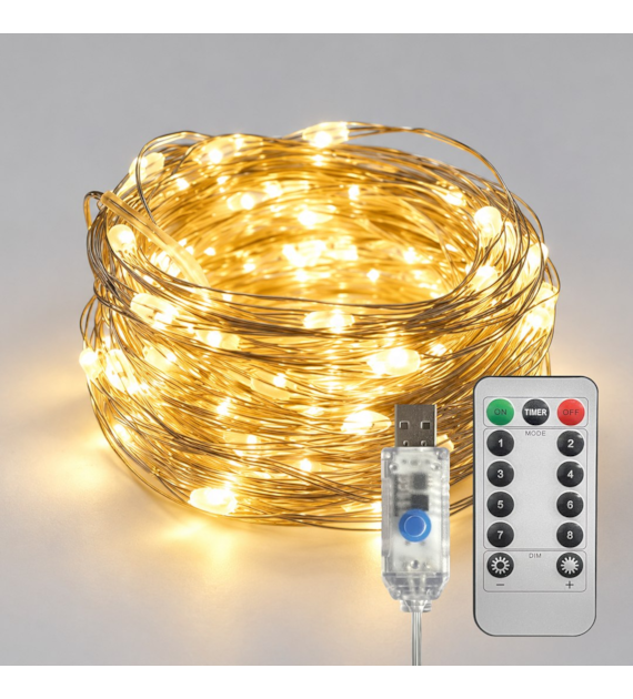 Lampki dekoracyjne MERY 100 LED USB Ciepłe 10m + Pilot
